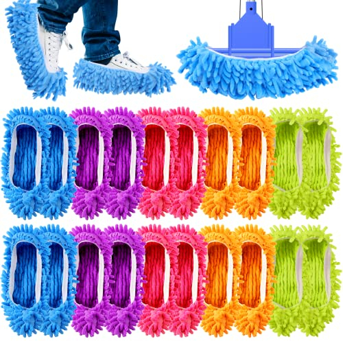 10Paare Mop Schuhe, Wischmopp-Hausschuhe für Bodenreinigung, Wiederverwendbar Putzschuhe Microfaser, Bodenwischer Lazy Slippers Mop Hausschuhe für Haus Boden Schmutz Staub Haare Reinigung, 5 Farben