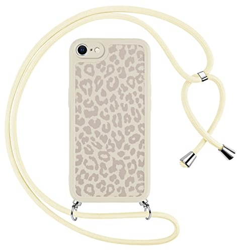 Yoedge Handykette Handyhülle für iPhone 8/7 / SE 2020/2022 Hülle mit Band 4,7, Smartphone Necklace Schutzhülle mit Kordel zum Umhängen, Weich TPU Cremeweiß Silikon Stoßfest Bumper Case, Leoparden
