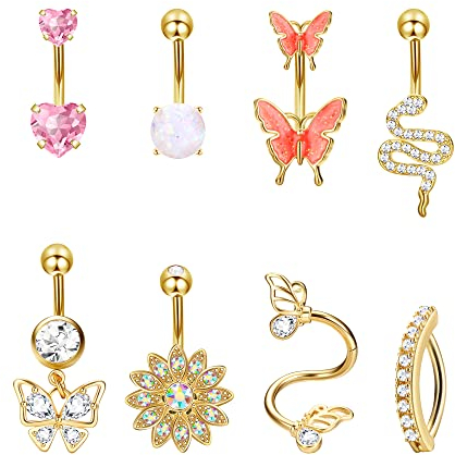 Dochais 8 Stück Piercing Bauchnabel Edelstahl, Piercing Bauchnabel Gold, Bauchnabelpiercing CZ, Piercing Bauchnabel 10mm Stablänge, Bauchnabelpiercing Herz Schmetterling für Damen Männer 14G