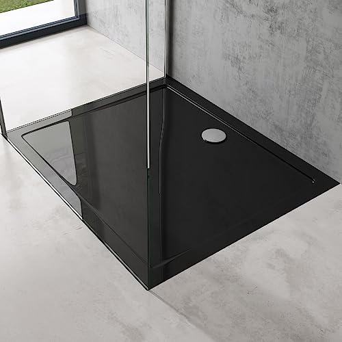 doporro Duschtasse Duschwanne 100x120x4 flach inkl. Ablaufgarnitur AL01 aus Acryl in Schwarz DIN-Anschlüsse für bodenebene Montage geeignet Faro2