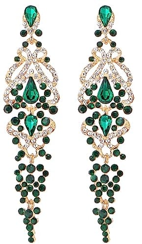 Arte Deco Largo Colgantes Declaración Pendientes, Verde Cristal Rhinestones Cluster Chandelier Araña Luces, Fiesta Prom