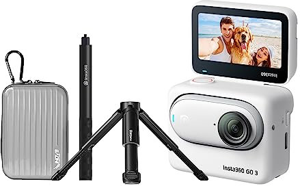 Insta360 GO 3 128GB Premium Kit - The Tiny Mighty 2.7K Waterproof (5M) Action Camera with Action Pod and Flip Screen. Inc Invisible Selfie Stick, Extendable Desktop Tripod & Aluminum Camera Case