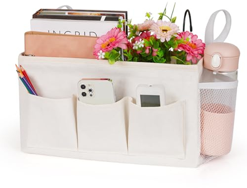 Lilithye Bedside Caddy Bedside Organizer Bedside Storage Caddy with Fixed Straps and Water Bottle Holder for Home College Dorm Bunk Bed Hospital Bed Crib Bed Rails (White)