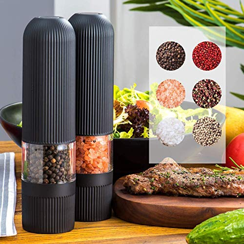 KUMIAO Electric Salt and Pepper Grinders Set - Refillable Seasoning Mill with Blue Led Light - Battery Powered - 2Pcs Salt and Pepper Grinder