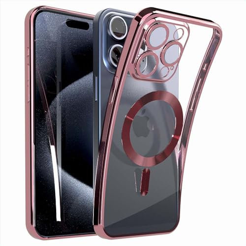 N NEWTOP Cover CV33 TPU Compatibile per iPhone 15 Pro, Cornice Colorata Retro Trasparente Morbida Custodia Protezione Fotocamera in Vetro Temperato Completa per Ricarica Wireless Magnete (Rosa)