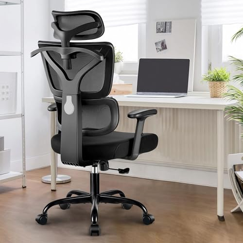DoChair Silla Oficina ergonómica con Respaldo de Malla Elástica, Reposacabezas Ajustable y Silla Escritorio de Altura con Percha, Negro