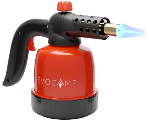 EVOCAMP Brûleur à gaz Petit 1,3 KW - Chalumeau de Cuisine avec allumage piézoélectrique - Brûleur Bunsen pour la Cuisine, Allume-Barbecue, température maximale 1300 °C