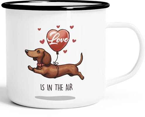 Moonworks® Emaille-Tasse Spruch Liebe Lustig Geschenk Love is in the Air Hund Dackel Luftballon emaille-weiß-schwarz standard