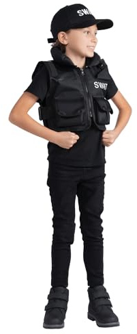 Dress Up America SWAT Kostüm Kinder – SWAT-Weste und Mütze im Set – SWAT-Rollenspiel-Weste und Mütze für Kinder (8–14 Jahre (Taille:76–96, Größe: 114–145 cm))