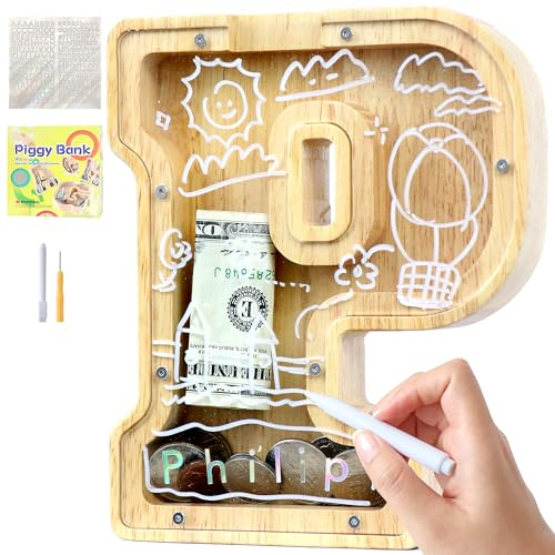 Lakpopya Spardose für Kinder Jungen Mädchen Sparschwein Kinder Spardose Personalisiert Durchsichtig Spardose Buchstabe Holz A-Z mit Zielbereich & Aufkleber & Marker, Taufe Geschenk Dekoration (P)