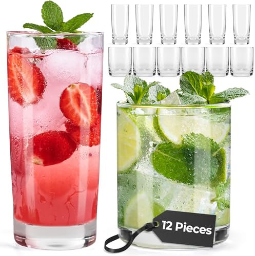 MIAMIO - Gläser Set 12-Teilig / 6x 370ml Kleine, 6x 450ml Große Trinkgläser für Wasser, Cocktail, Latte, Saft - Spülmaschinenfest