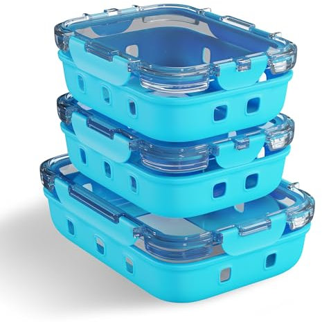 NAVERIT Récipients hermétiques pour aliments avec couvercle en silicone | Set de couvercles en verre avec couvercles en plastique | Boîte à déjeuner en verre (2 x 370 ml + 1 x 640 ml)