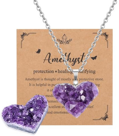 JSDDE Herzform Amethyst Druse mit Amethyst Herz Anhänger Halskette Set, Amethyst Stein mini Natursteine, Rohstein Herz Kristall Cluster Drusenstück Reiki Heilstein Dekoration
