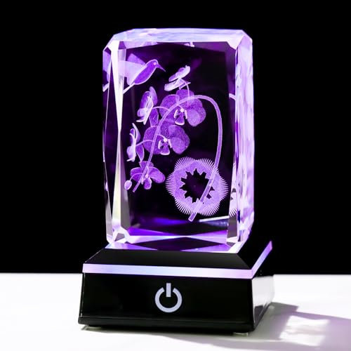 Movdyka Orchidee in cristallo 3D con uccelli, fiori speciali, regalo per donne con luci a LED, ornamento in vetro inciso Phalaenopsis per la casa, regalo di compleanno per lei