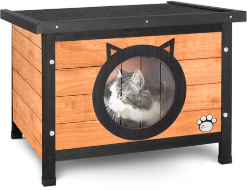 VOUNOT® Katzenhaus aus Holz, Wetterfestes Katzen Haus mit Schwingtür im Katzenohren-Design & höhenverstellbaren Füßen, Katzenhütte für draußen, 57 x 45 x 43 cm