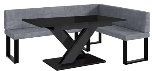 MEBLINI Eckbank für Esszimmer mit ausziehbarem Tisch - Küchenbank - Essecke - Sitzecke Küche - Peter - U-Beine 142x196x87cm Rechts - Grau Samt/B Schwarz Hochgl.