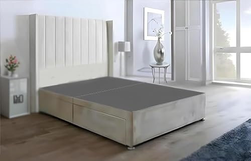 Milan Divan King Size Bed Frame | Luxurious Plush Fabric Divan Bed Frame with 48’’ Floorstanding Wingback Vertical Line Headboard | Frame with 2 Storage Drawers