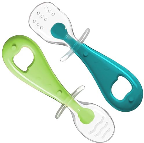 CROCOKID® Cuillère Bébé 1er Âge - Lot de 2 Cuillères d'Apprentissage Sensoriel, Silicone Ergonomique & Sans BPA | Cuillère Bébé Souple pour Apprentissage Autonome - Bleu & Vert