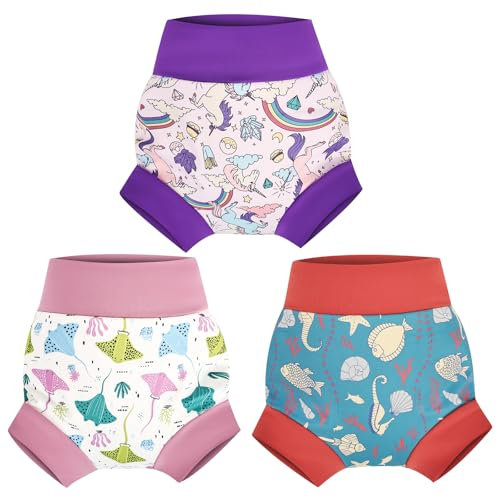 MOEMOE BABY Schwimmwindel Baby, 3 Stück Wiederverwendbar Schwimmwindeln, Wasserdichte Badewindelhosen für Mädchen S/2T/2 Jahre