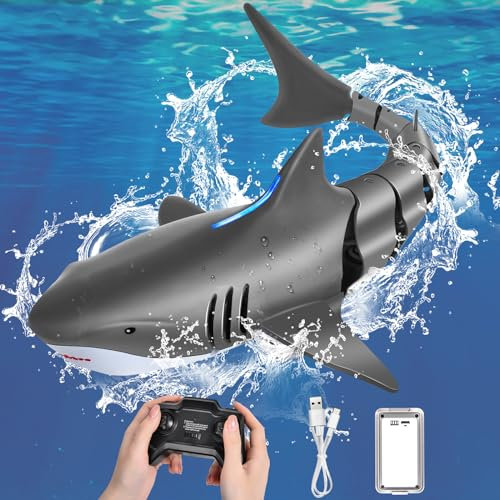 IEEILULU Jouet Requin Télécommandé, 2.4 GHz Requin Bateau Télécommandé Jouet avec USB, Jouet RC Requin, Requin Telecommande Cadeau pour Garçons et Filles de 8+ Ans Piscines Et Lacs (Noir Gris)