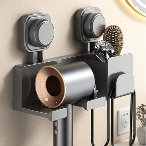 Suction Cup Hair Dryer Holder,3 in 1 Hair Tool Organizer Wall Mounted for Hair Dryer, Cord,Flat Irons, Curling Wands, Hair Straighteners,Removable Hair Brush Storage Stand Organizer for Bathroom
