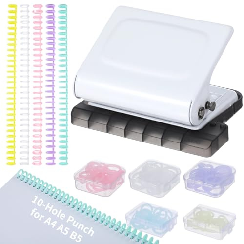 10-Hole Binder Machine Kit, Manual Binding System with 10 Pcs Loose Leaf Binding Spines & 100 Pcs Binder Rings, Binding Machine for Planner, 26 Holes on B5, 30 Holes on A4, 20 Holes on A5 (White)