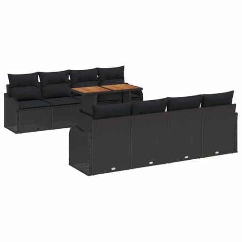 vidaXL 9-teiliges Garten-Sofa-Set mit Kissen in Schwarz aus Poly Rattan und Akazie – Coole und Bequeme Möbel für Deine Terrasse