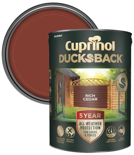 Cuprinol Ducksback Shed & Fence Paint Rich Cedar 5L – Cuprinol Fence Paint, 5-Year Weatherproof, Wax-Enriched Non-Drip Formula, Quick-Dry, Water-Repellent Exterior Wood Treatment