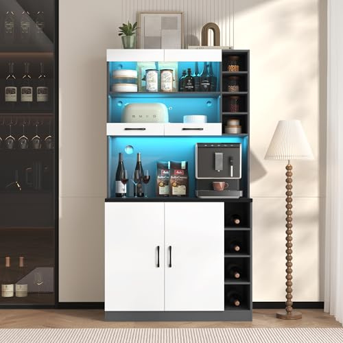 boorbin 100 x 47 x 187 cm, armario de cocina, buffet con iluminación LED ambiental y agujeros para cables, tablero de cocina de madera, gran espacio para microondas, independiente (blanco + gris)