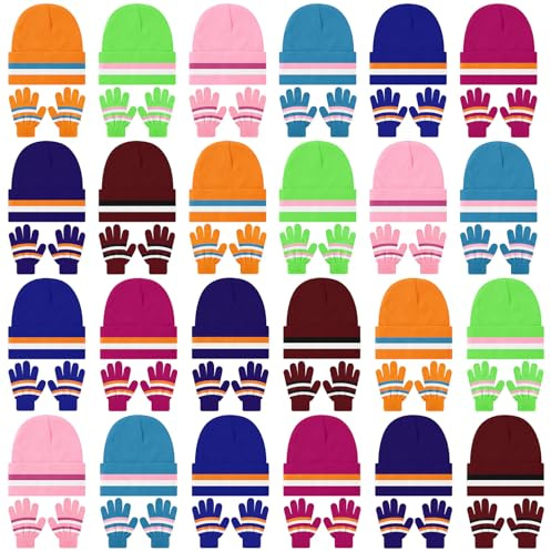 Funtery 48Pcs Kids Beanie and Gloves Winter Set Bulk Pack Knit Hat Unisex Magic Gloves Pack Winter Gift for Boy Girl Donation (Rich Color)