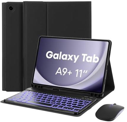 MAYPHY Tastatur Hülle mit Hintergrundbeleuchtung und Maus für Samsung Galaxy Tab A9 Plus 11 Zoll 2023 (SM-X210/X216/X218), 7-farbige abnehmbare Tastaturhülle für Tab A9+, Deutsches QWERTZ-Layout