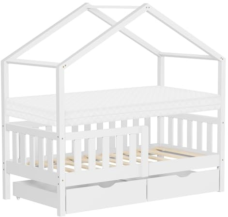 ML-Design Letto a Casetta per Bambini 70x140 cm in Legno di Pino Bianco con Materasso, Sponde di Sicurezza e 2 Cassetti Contenitore, Lettino Montessori a Pavimento, Giroletto Cameretta