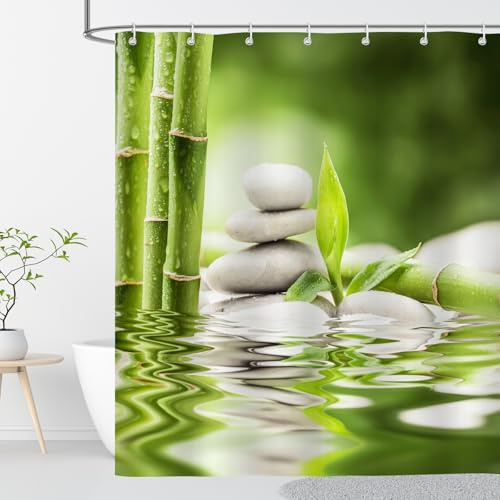 OCEUMACO Rideau Douche Anti Moisissure 200x200 cm Bambou Vert Imprimé Rideau de Douche Baignoire Tissu Imperméable Polyester A1 Motif Zen Rideaux Salle de Bain avec Anneaux Lavable Machine
