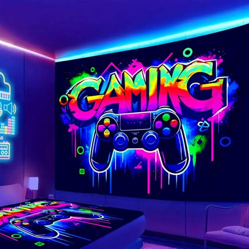 xueneige Blacklight Gaming Gamepad Tapestry UV-reaktiver Neon-Wandbehang mit Videospiel-Motiv Trippy Art für Spielzimmer Leuchtet im Dunkeln Schlafzimmer Wohnzimmer Wohnkultur