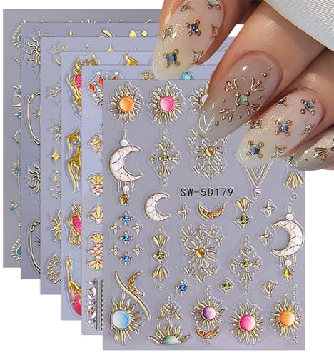 BelleFlair 6 Bögen 5D Nagelsticker Gold, Selbstklebend Bohemian Sterne Nagelaufkleber, Gothic Sonne Mond Nail Art, Metallisch Nagel Deko Zubehör für Frauen DIY Maniküre Designs