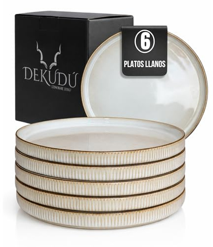 DEKUDÙ Set Piatti Moderni Piatti Piani Ceramica Gres di Qualità - Realizzata a mano - 6 pezzi ∅ 26 cm - Elevata durezza - Lavabile in lavastoviglie e Adatto microonde - Stile moderno - Beige