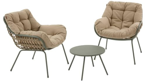 Hespéride – Paopao 3-teiliges Duo-Gartenlounge-Set – Lorbeergrün, Kunstharz, korrosionsbeständiger Stahl, inklusive Kissen – Für Balkon, Terrasse, kleine Flächen