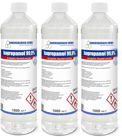 Ravensberger Chemie Isopropanol 99,9% IPA – Isopropylalkohol Reinigungsalkohol zum Entfetten & Reinigen – Lösungsmittel für Elektronik, Glas, Auto & Werkstatt (3x 1 Liter)