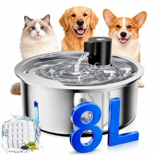 Fuente de agua para perros, fuente de agua de acero inoxidable de 8 litros para perros grandes, dispensador de cuenco de agua para perros, bomba súper silenciosa y filtros de repuesto para gatos y
