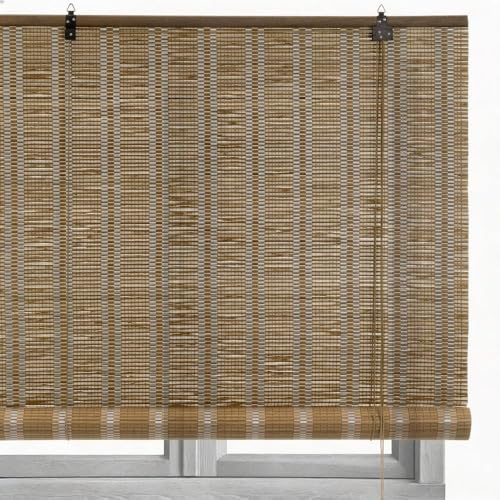 Estor enrollable de láminas de bambú natural y cosido blanco de 140x180 cm | Sujeción a Pared o Techo. Limpieza Fácil con Paño Húmedo. Diseño Natural para Ventanas