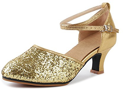 OCHENTA Womens Sequined Leather Pointed Toe Kitten Heel Latin Ballroom Dance Shoes
