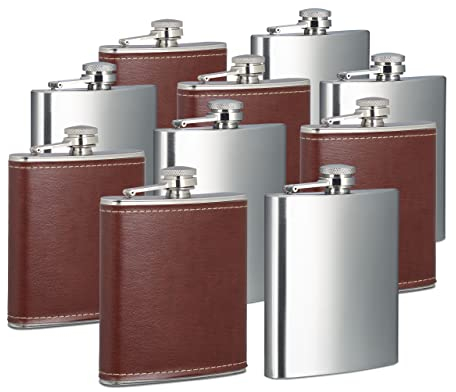 Relaxdays 10x Flachmann 200 ml, 5 Taschenflaschen mit Kunstleder Hülle, 5 kleine Flachmänner aus Edelstahl, für unterwegs, Silber