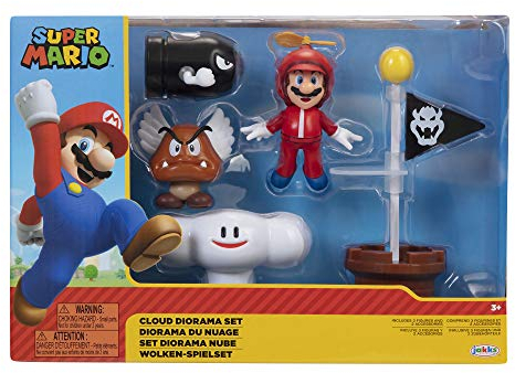 Nintendo Super Mario – Diorama en la Nube con 3 Figuras 6 cm y 2 Accesorios Accionables – La Bandera y la Nube Son Accionables – Juguete para Niños 3 años +