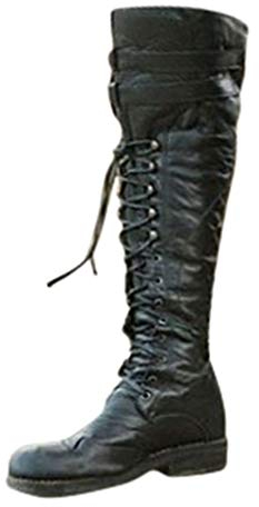 Yying Uomo Stivali Alti Vintage Stivali in Ecopelle Medievale Gotico Stivali da Cavaliere Lace-Up Stivali Piatto Unisex Stivali Alti al Ginocchio Fibbia Della Cintura Cerniera Stivali da Equitazione