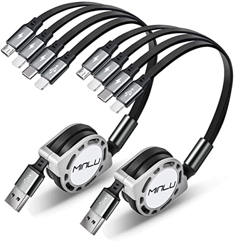 Minlu 2Pack 1.2M Retractable Multi Fast Charger Cable 4A, 4 in 1 Charging Cable with Dual IP/Type C/Micro USB Port Adapter Compatible with Phone/Huawei/Samsung Galaxy/Pixel/Sony/LG/Tablets