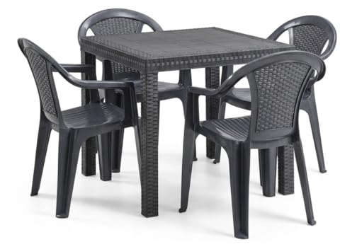 Tomaino - Set Tavolo con Sedie da Giardino in Plastica Effetto Rattan - Set da Pranzo Tavolo Quadrato con Foro Ombrellone e 4 Sedie Impilabili con Braccioli per Esterno, Terrazze, Bar, Ristoranti