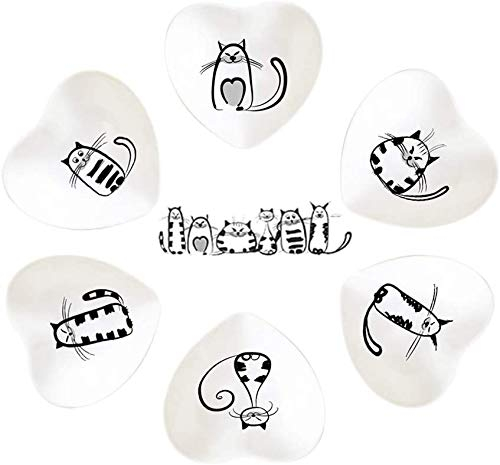 6pcs Super carino gatto salsa in ceramica, piatto porta bustine di tè, condimenti, sushi soia immersione, snack piatti da portata, set di piattini in porcellana, con impugnatura (a forma di cuore)