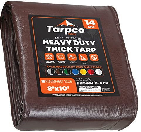 Tarpco Safety Lona de protección Lona Impermeable con Ojales, (2.45m X 3m, 245 g/m2) 14 Mil, Funda Protectora para Techo, Barco, Muebles, Jardín, Piscina, Coche, Marrón/Negro