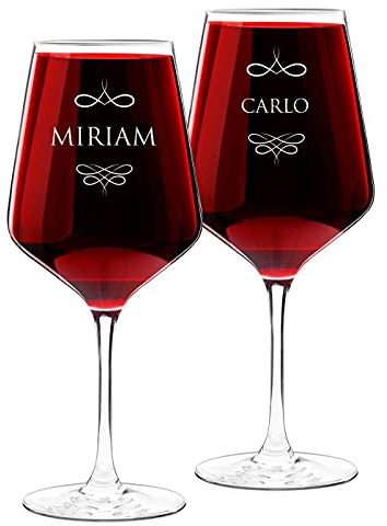 Maverton 2 Calici da vino Rubino - 530 ml XL - in vetro - ideali per vino rosso e bianco - incisione personalizzata – idea regalo di matrimonio - nomi