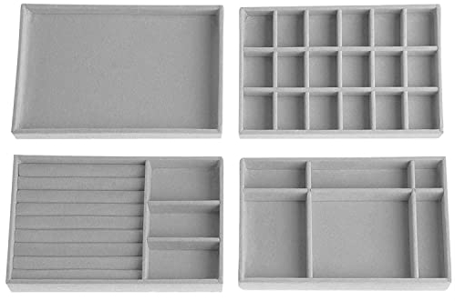 Lighterday Schmuckaufbewahrung Schublade,4 Stuck Schmucktablett,SchmuckkäStchen Schmuck Organizers Samt Stapelbar,Jewelry Organizer für Schmuck,Ohrringe,Armband,Ringe Aufbewahrung(Grau)